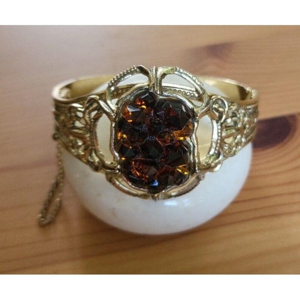 Vintage Whiting & Davis Hinged  Bracelet Topaz Amber Citrine Mine Cut Glass Rare